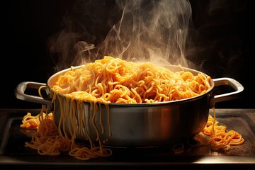 Fresh, steaming noodles or spaghetti overflowing from a metal pan.