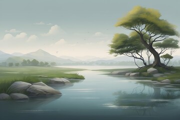 Landscape with trees, mountains and river