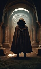 Naklejka premium A man in period garb, a cloak with a hood on his head against the backdrop of a severely crumbling building