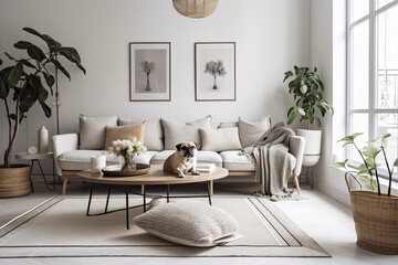 Cozy living room design with modern sofa, coffee table, and vase of fresh flowers. superior photograph