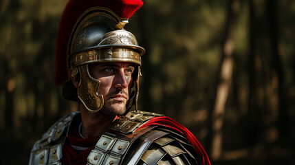 Man portraying ancient Roman soldier with detailed helmet and armor, red plume, gazing into distance with focused expression, set against blurred forest backdrop. - obrazy, fototapety, plakaty