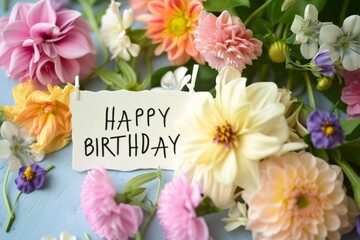 Happy Birthday card surrounded by flowers Generative AI