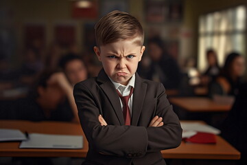 angry child boy in classroom, Generative AI
