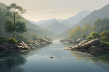 Landscape with trees, mountains and river