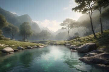 Landscape with trees, mountains and river