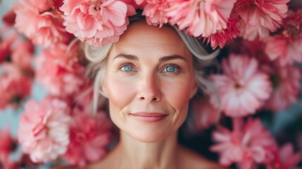 Women's health concept. Beautiful blooming middle aged premenopausal woman - obrazy, fototapety, plakaty