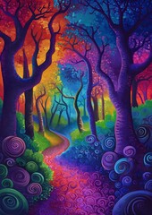 Obraz na płótnie Canvas pathway forest swirly trees bifrost rave deep color shadows avatar one hit wonderland walking right swirling bright vibrantly colored