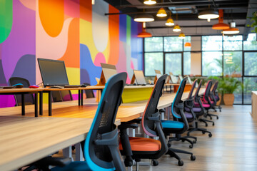 creative vibrant interior, design modern office, interior ideas concept. comercial space interior. corporate office space meeting modern colorful style interior design background,