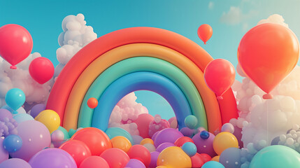 Whimsical Rainbow Cloudscape with Balloons Illustration - obrazy, fototapety, plakaty