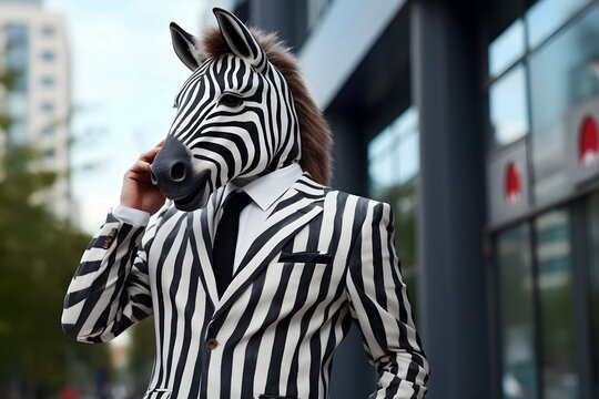 zebra in suit use mobile phone on city street, Generative AI
