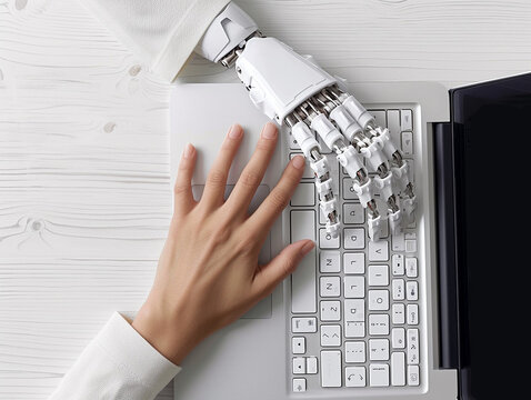 Woman's Hands Typing on Laptop Keyboard with One Robotic Hand, Viewed from Above with Copy Space