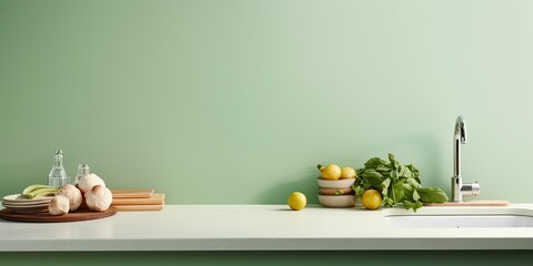 Kitchen counter with sink, board, and plates, adjacent to green wall.