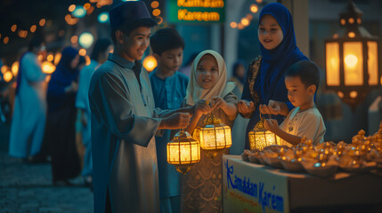 Family Celebrating at a Traditional Ramadan Market at Night