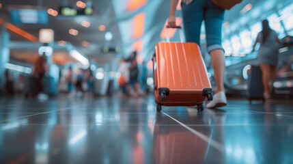 Traveler with Orange Suitcase Walking Through Airport Terminal - obrazy, fototapety, plakaty