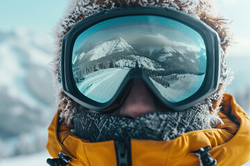 Fototapeta na wymiar Portrait of man in ski goggles with the reflection of snowed mountains. Winter sports