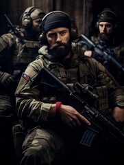 Fototapeta premium Portrait of a couple of soldiers in military uniform with assault rifle