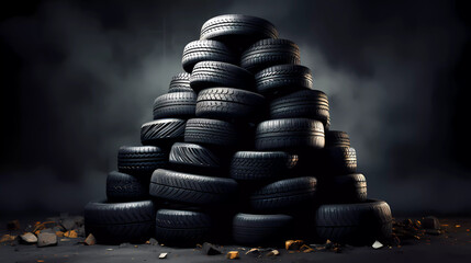 A pile of tires stacked on top of each other - obrazy, fototapety, plakaty