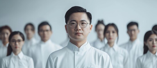 Asian individuals dressed in white garments in the workplace. - Powered by Adobe