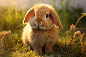 cute American Fuzzy Lop rabbit, funny bunny on the grass.