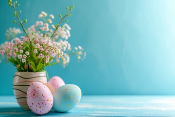 Easter egg decoration and flowers bouquet on wooden table on blue background.