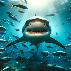 Underwater aggressive blue shark 