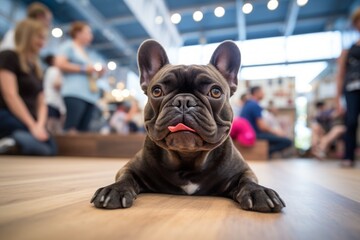 A French bulldog at a dog show, indoors with people. a pet on a blurry background. a breed of dog. - obrazy, fototapety, plakaty