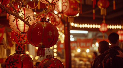 A vibrant scene captures traditional red Chinese lanterns softly glowing and adorning a bustling...