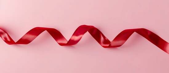 Closeup of red satin ribbon on pink background with space for text, horizontal orientation.