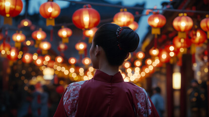 A chinese woman in ornate traditional dress observes a street adorned with hanging red lanterns, during a cultural - Generative AI