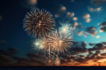 A dynamic explosion of fireworks against a dark sky, providing a festive and celebratory background for text related to joyous occasions. Generative Ai.