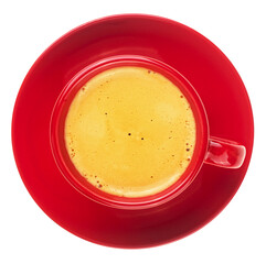 Red cup with aromatic coffee isolated on a white background, view from above.