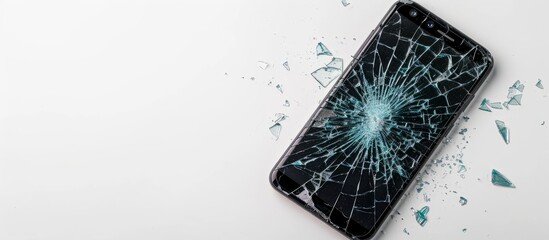 Broken-screened smartphone on white background