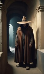 Naklejka premium A man in period garb, cloak and hat on his head against the background of a severely crumbling building