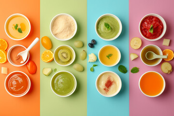 Baby Natural Food. Collage of healthy baby food on color background. Baby puree with vegetables and fruits Selective focus. cups containing different foods, overhead view.