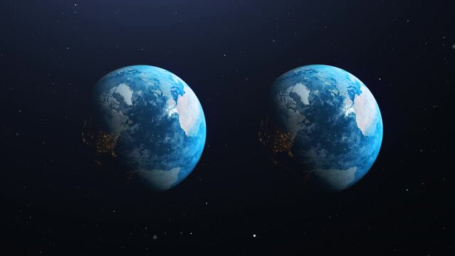 Parallel earth - Two planet earth in space spinning. Multiverse and parallel universe concept. Realistic 3d render animation