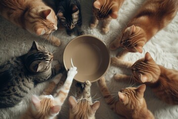 kittens forming a circle around an empty bowl, top view. hungry cubs. - obrazy, fototapety, plakaty