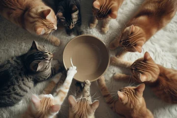 Fotobehang kittens forming a circle around an empty bowl, top view. hungry cubs. © MaskaRad