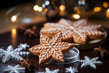 Delicious gingerbread cookies in the shapes of stars and snowflakes, adorned with intricate white icing designs - Powered by Adobe