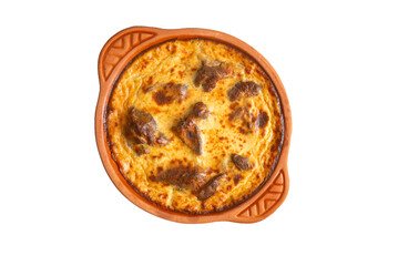 Tave kosi is a national Albanian dish of baked lamb and rice with yoghurt close-up in a pan on the table. horizontal top view from above. Turkish name; Elbasan tava - obrazy, fototapety, plakaty