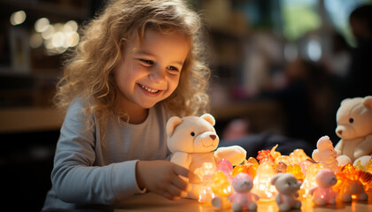 Smiling child playing with teddy bear indoors generated by AI