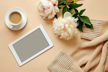 Obraz na płótnie Canvas spring season concept with digital tablet mock up, coffee cup, warm sweater and a bouquet of peonies on beige background. Top view, flat lay.