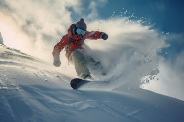 Snowboarder carving a wave of powder snow, embodying freedom and thrill in backcountry snowboarding.

