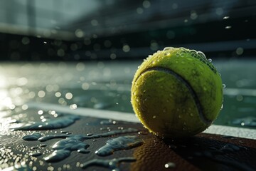 Close-up of a tennis ball on a wet court, emphasizing the texture and paused action in an outdoor tennis setting.

 - obrazy, fototapety, plakaty
