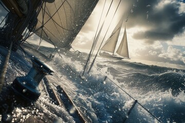 Sailing boat on rough seas with splashing water, emphasizing the excitement and challenge of navigating through a storm.

