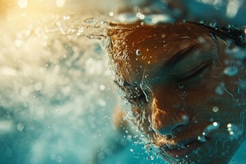 Close-up of a swimmer in water, capturing the intensity and focus during a competitive swim race.

