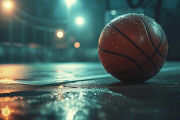 Wet basketball on a glistening court at night, capturing the atmosphere and texture of an urban game after rain.


