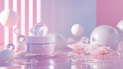 A sophisticated fashion and beauty setup with a sleek product display and shimmering water bubbles in the background