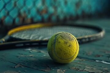 Worn tennis ball and racquet on a vintage court surface, depicting a quiet moment after an intense tennis match.

