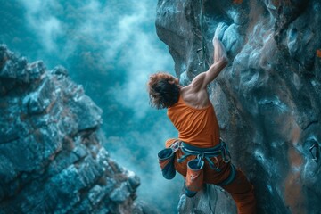 Male climber in an orange shirt scaling a blue rocky cliff, showing determination and strength in a high-altitude adventure.

