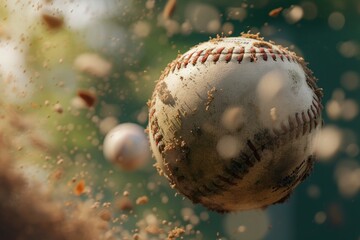 Baseball in motion, dirt exploding upon impact, conveying the energy and action of a powerful hit during a game.

